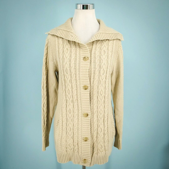 L.L. Bean Size Medium Cream Collared Button Fisherman Cotton Cardigan Sweater - Picture 1 of 7